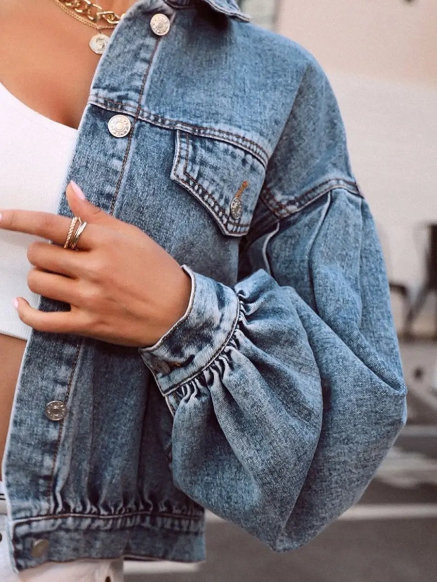 Collared Neck Dropped Shoulder Denim Top - Love Salve
